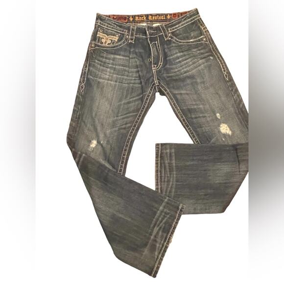 Rock Revival Jeans Mens 34 Casual Denim Embroided Distressed Boot Cut Pants - Picture 2 of 16